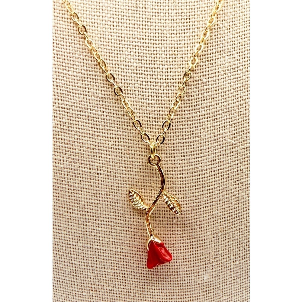 Delicate Gold Tone Rose Necklace Red Flower Pendant 14–16" Minimalist
